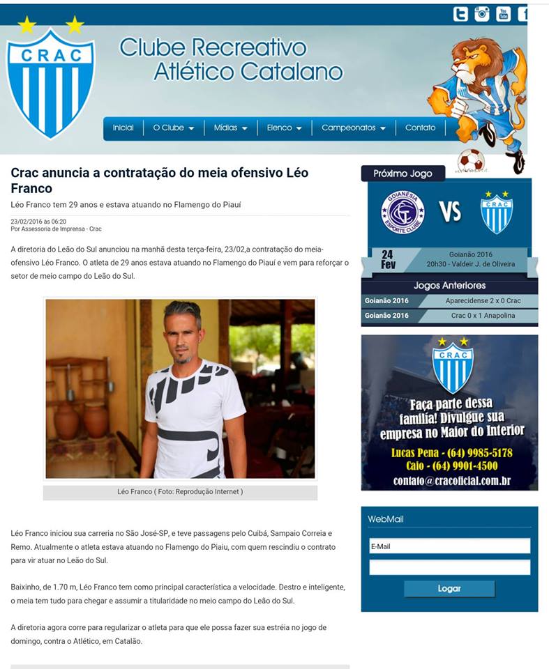 Léo Franco vai jogar Goianão pelo CRAC-GO