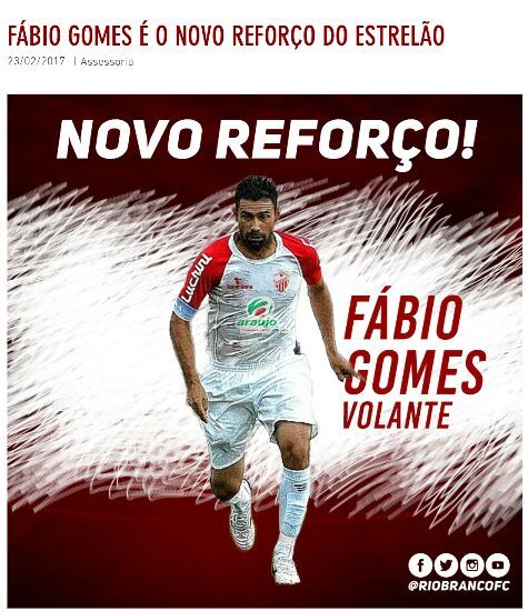 Reforço! Fabio Gomes vai defender o Rio Branco-AC