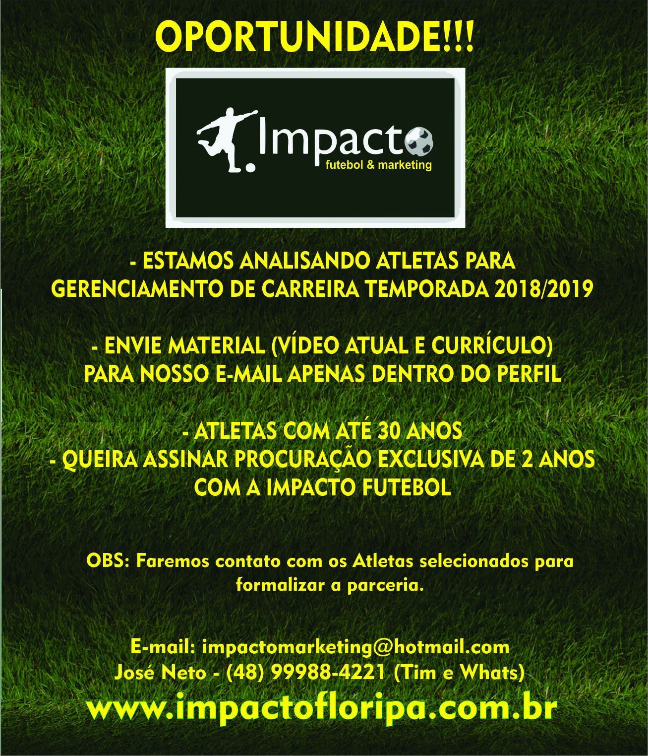 Oportunidade!!! Estamos analisando atletas!!! 
